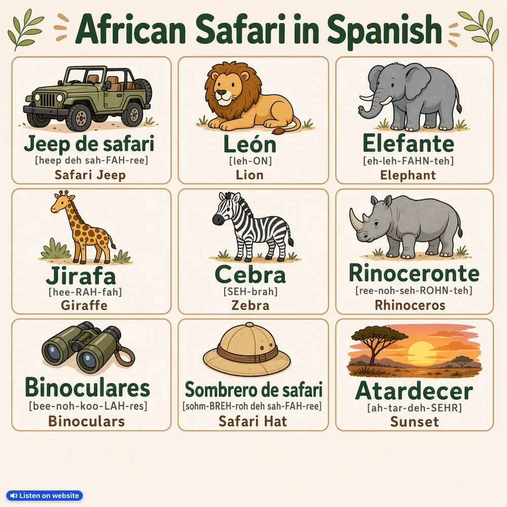 African Safari in Spanish — vocabulary chart for English speakers