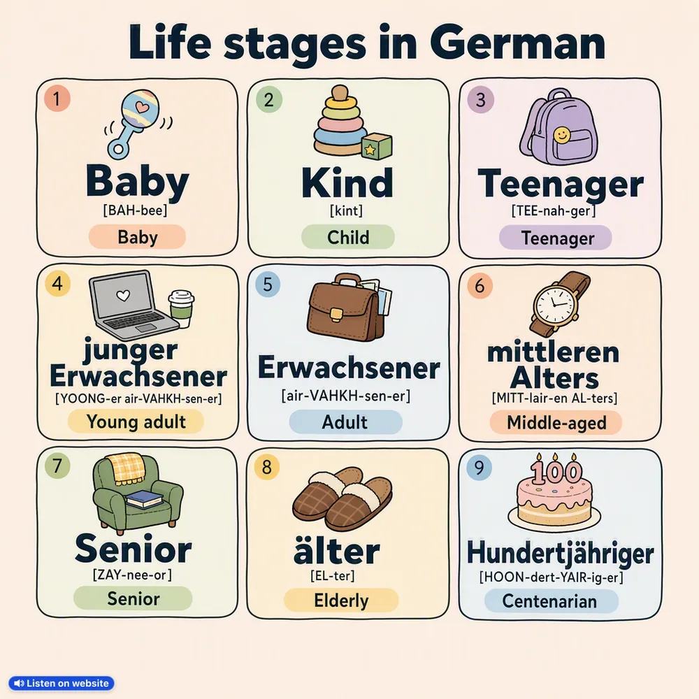 Life stages in German — vocabulary chart for English speakers