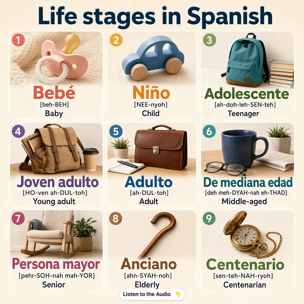Life stages in Spanish — vocabulary chart for English speakers