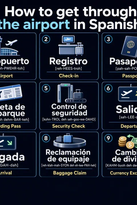 How to get through the airport in Spanish vocabulary chart