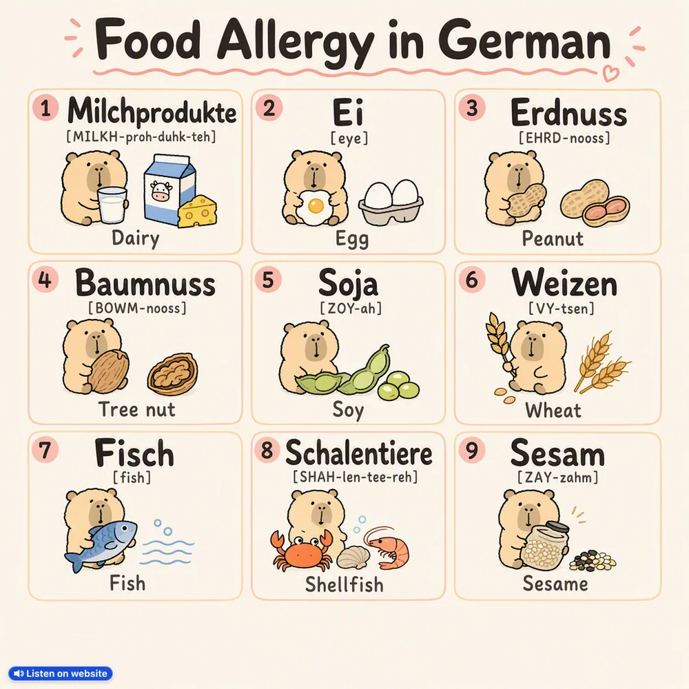 Food Allergy in German — vocabulary chart for English speakers