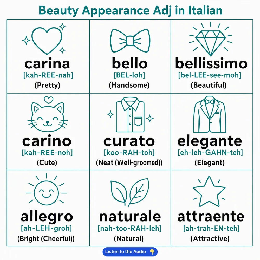 Beauty Appearance Adj in Italian — vocabulary chart for English speakers