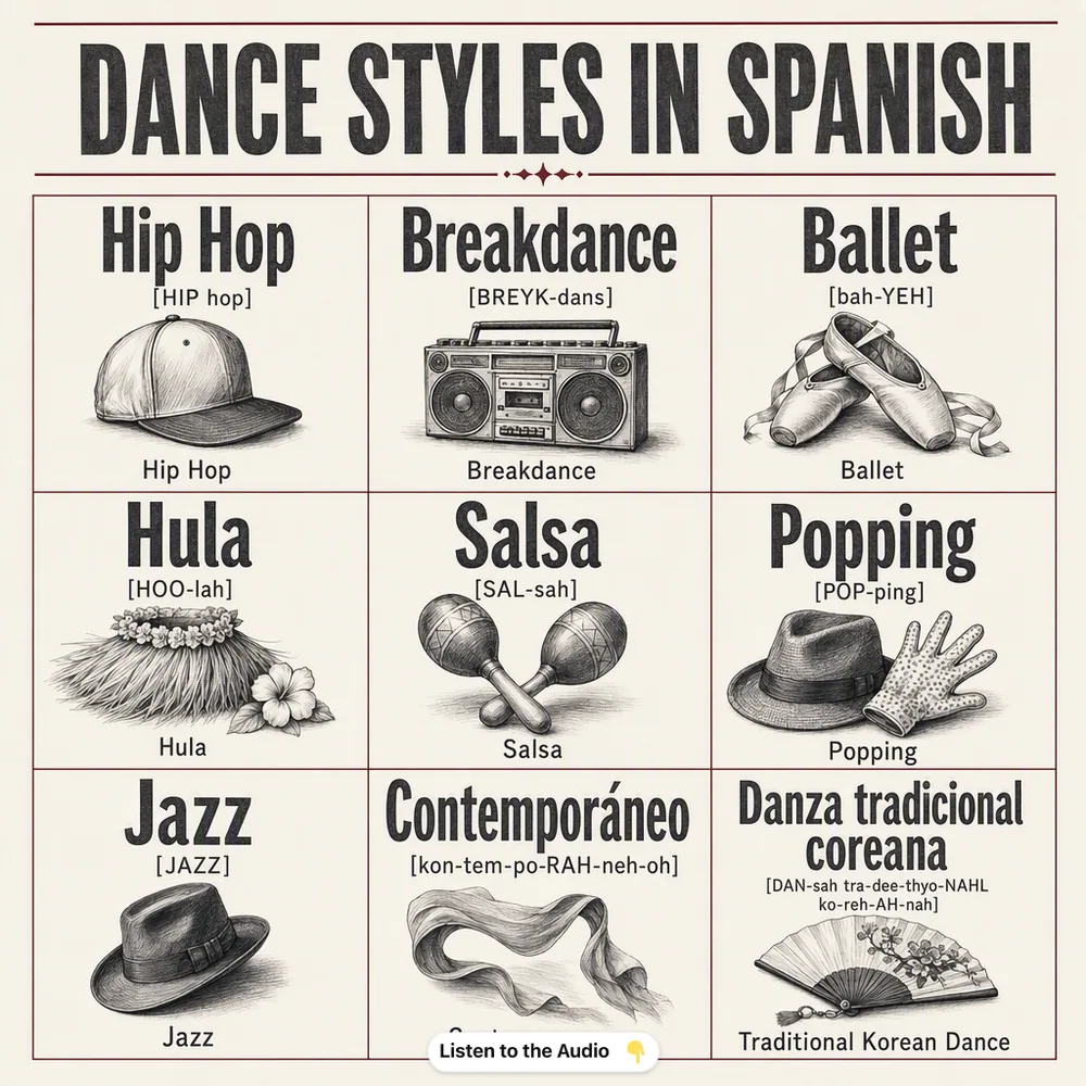 Dance Styles in Spanish — vocabulary chart for English speakers