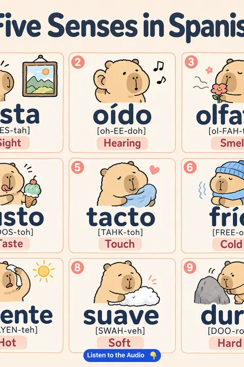Five Senses in Spanish vocabulary chart
