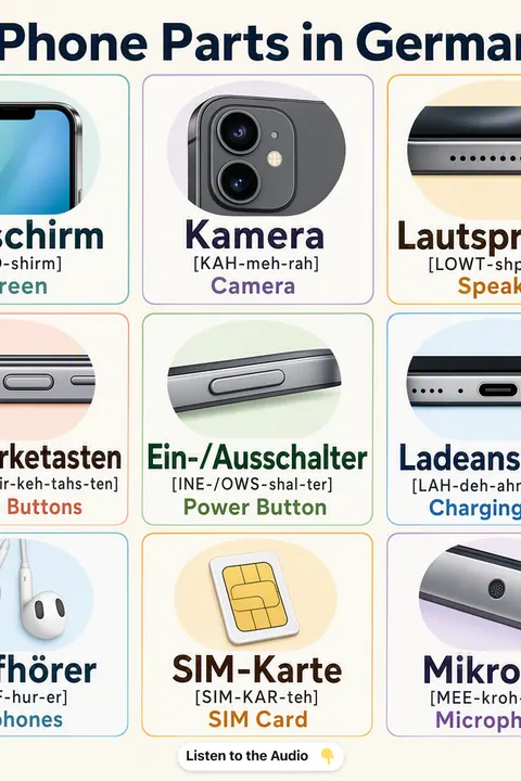 Phone Parts in German vocabulary chart