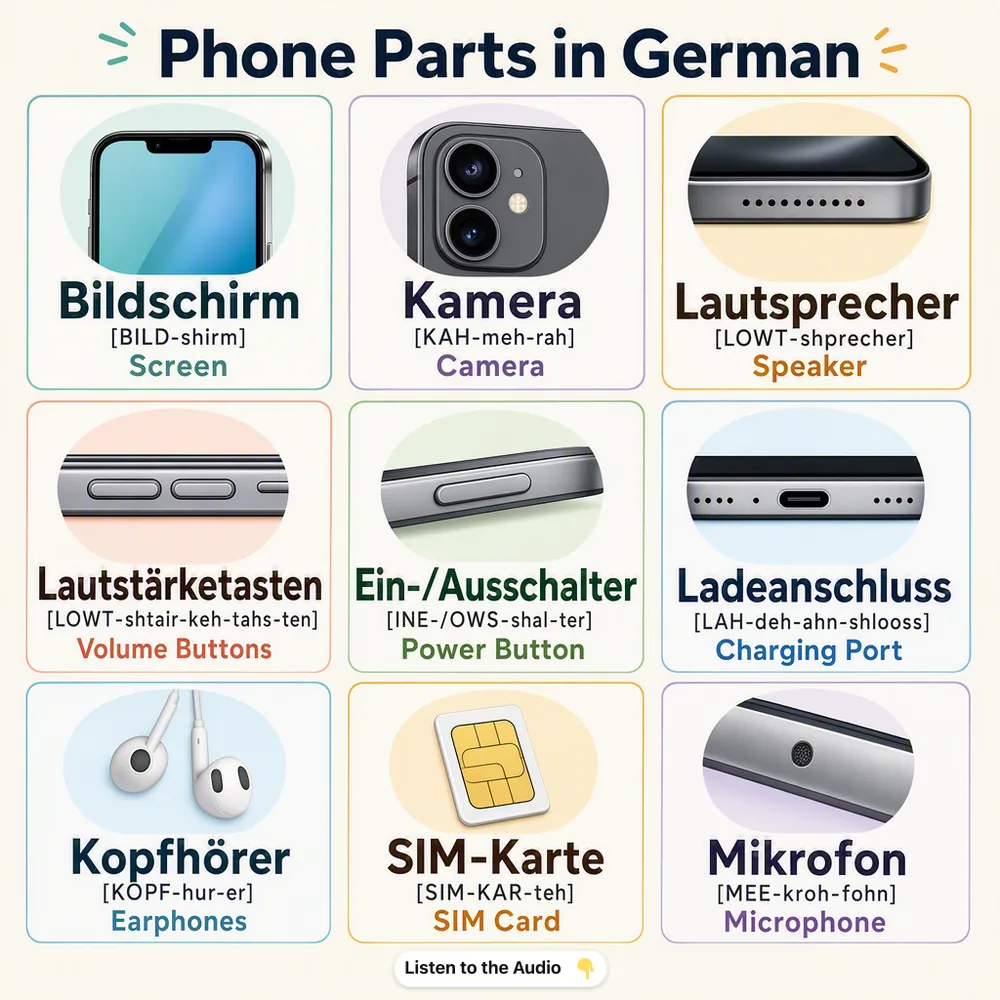 Phone Parts in German — vocabulary chart for English speakers