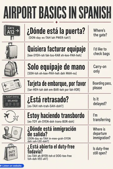 Airport basics in Spanish vocabulary chart
