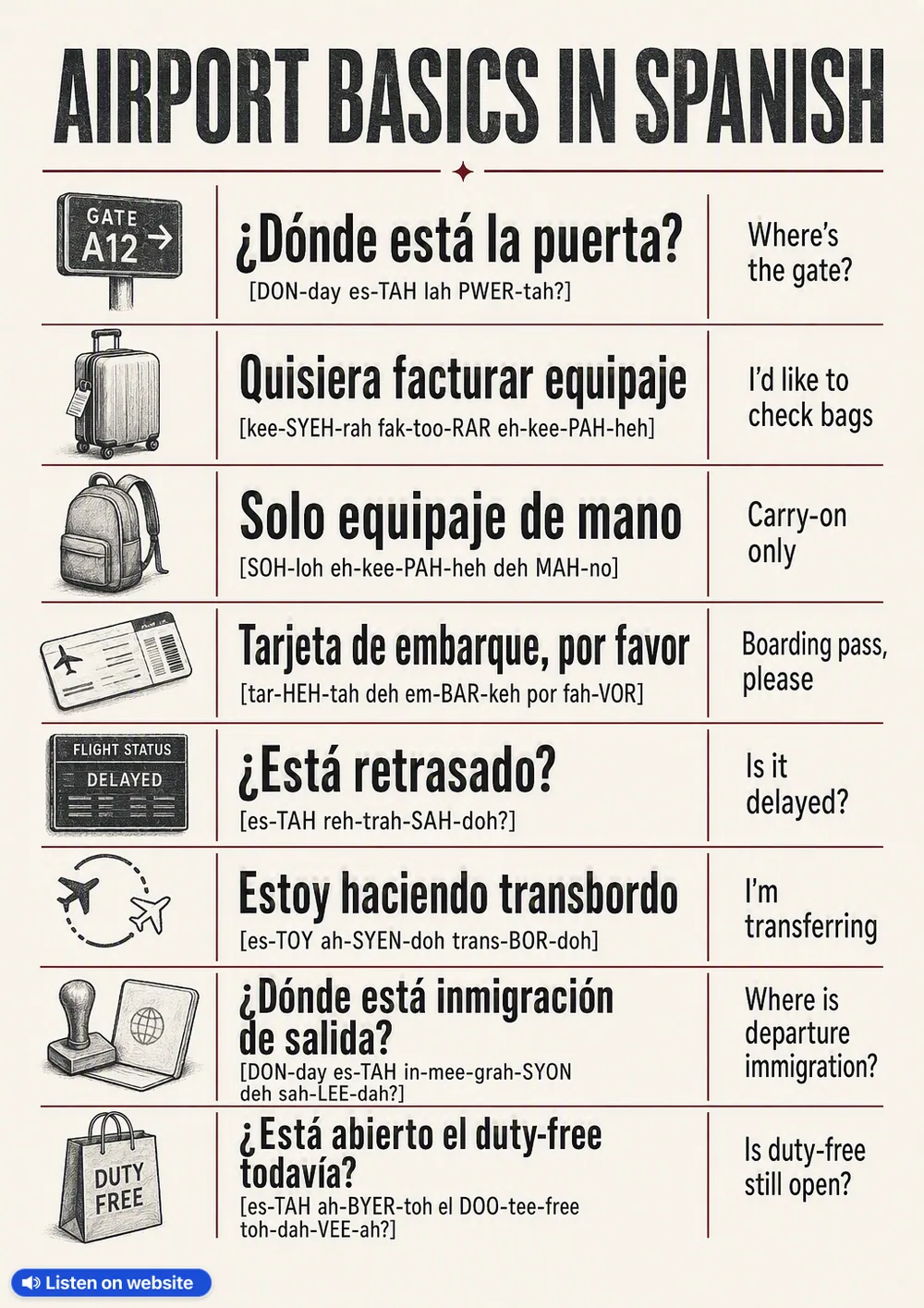 Airport basics in Spanish — vocabulary chart for English speakers