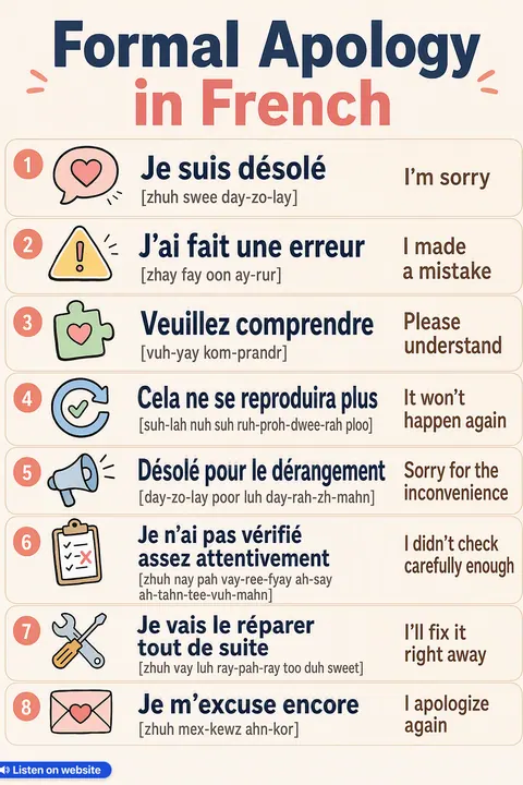 Formal Apology in French vocabulary chart