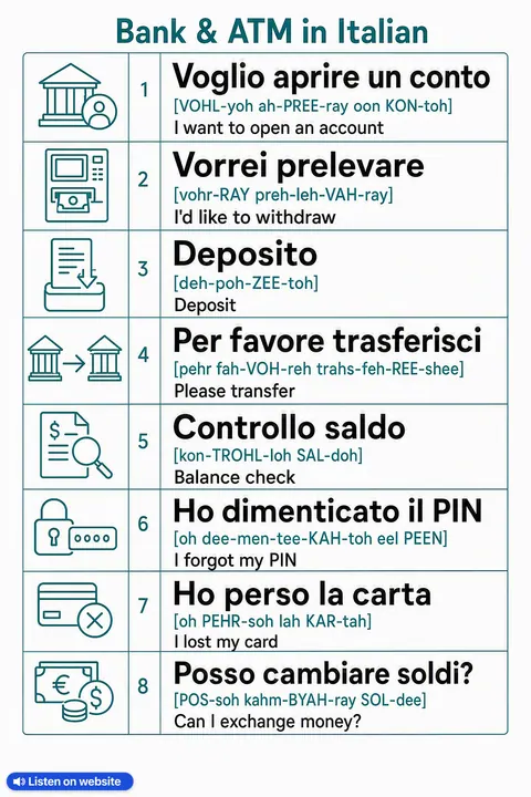 Bank & ATM in Italian vocabulary chart