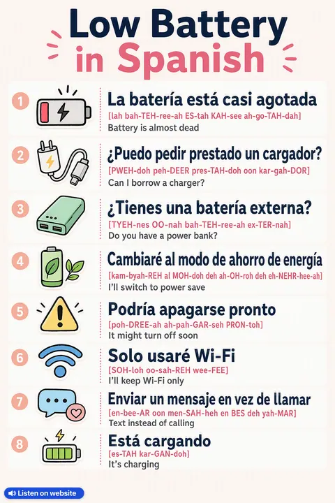 Low Battery in Spanish vocabulary chart