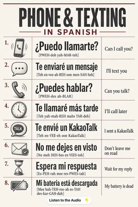 Phone & Texting in Spanish vocabulary chart