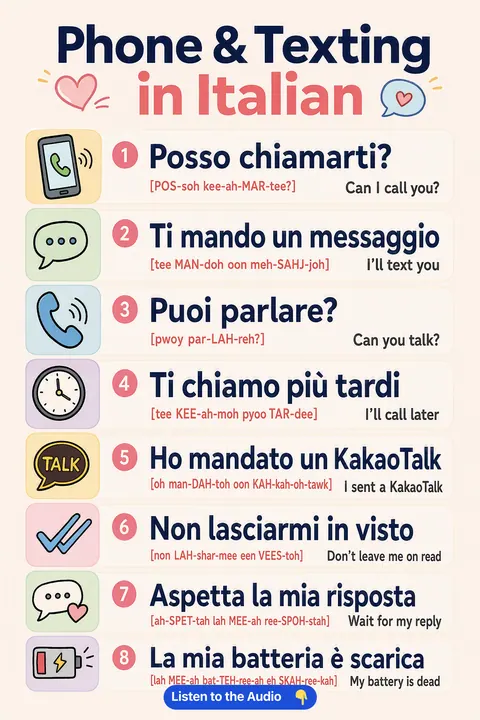 Phone & Texting in Italian vocabulary chart