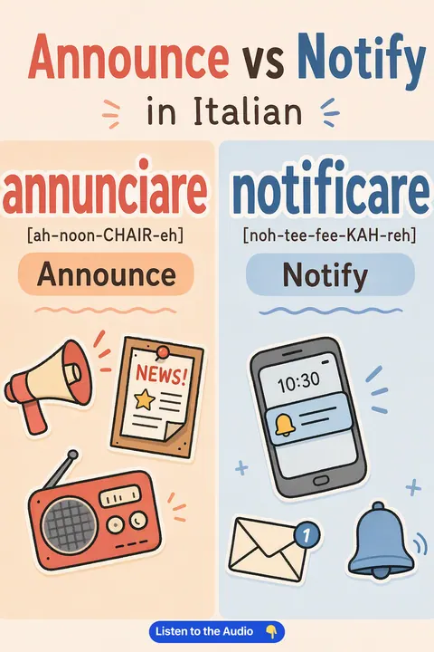 Announce vs Notify in Italian vocabulary chart