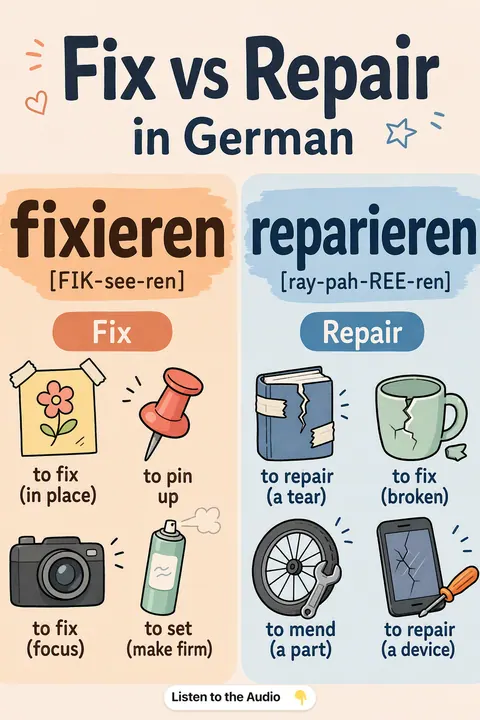 Fix vs Repair in German vocabulary chart