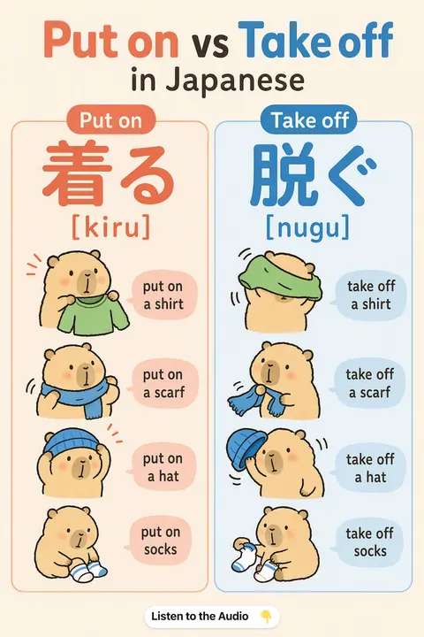 Put on vs Take off in Japanese vocabulary chart