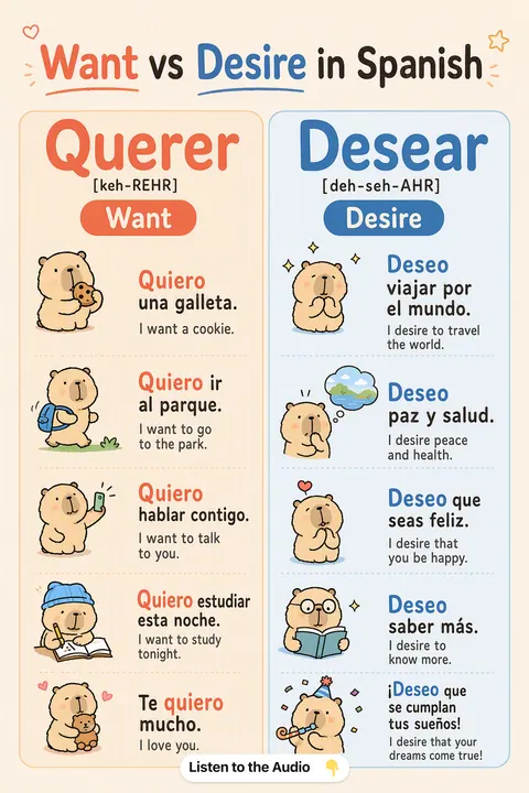 Want vs Desire in Spanish vocabulary chart