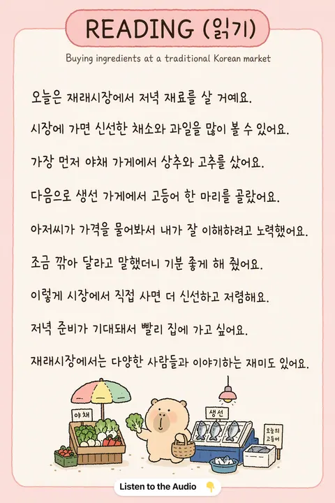 How to buying ingredients at a traditional Korean market in Korean vocabulary chart