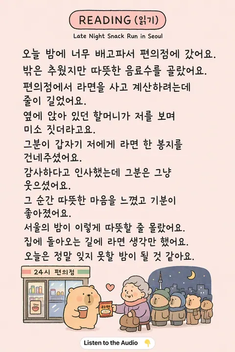 Late Night Snack Run in Seoul in Korean vocabulary chart