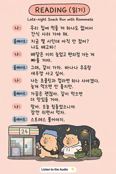 Late-night Snack Run with Roommate in Korean vocabulary chart
