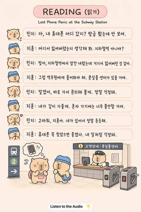 Lost Phone Panic at the Subway Station in Korean vocabulary chart