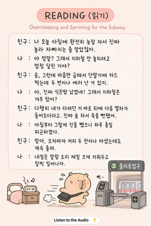 Oversleeping and Sprinting for the Subway in Korean vocabulary chart