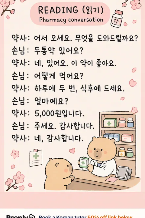 How to talk at a pharmacy in Korean vocabulary chart