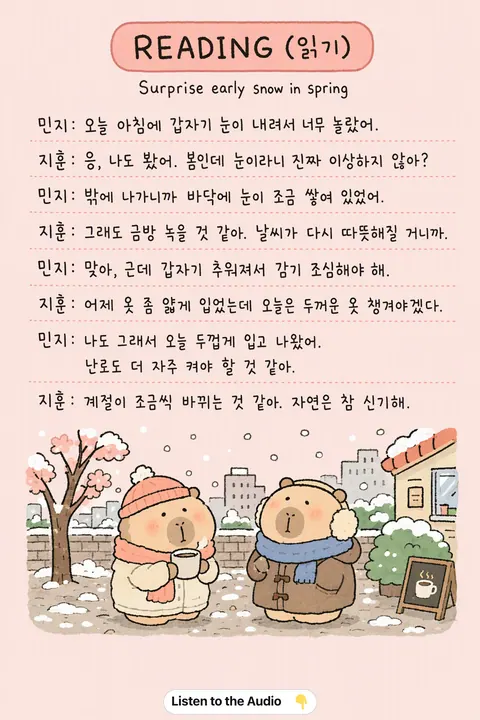 Surprise early snow in spring in Korean vocabulary chart