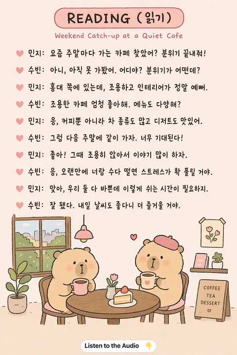 Weekend Catch-up at a Quiet Cafe in Korean vocabulary chart