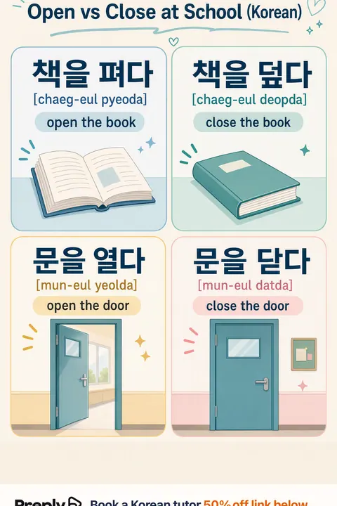 Open vs Close at School in Korean vocabulary chart