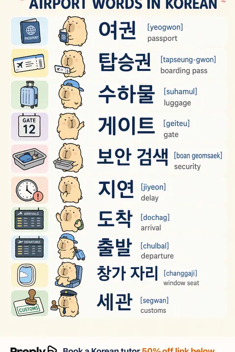 How to get through the airport in Korean vocabulary chart