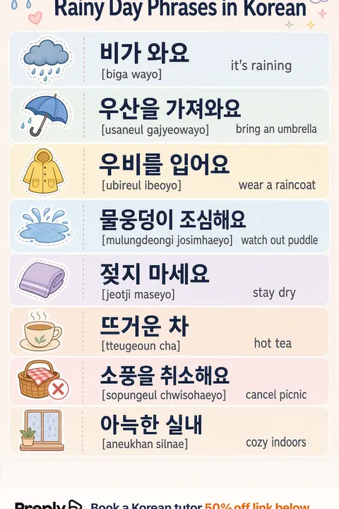 How to talk about rain in Korean vocabulary chart
