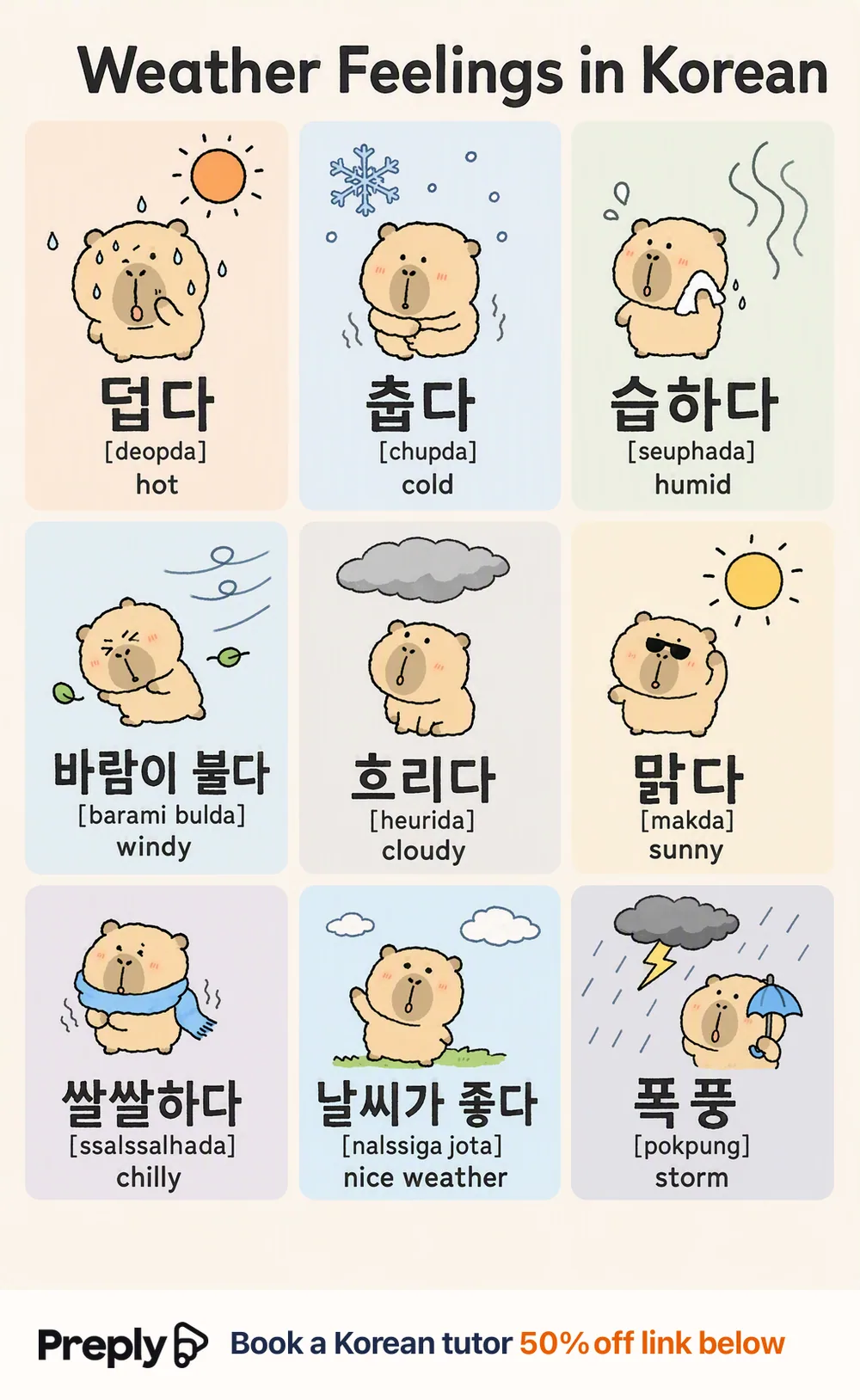 Weather Feelings in Korean — vocabulary chart for English speakers