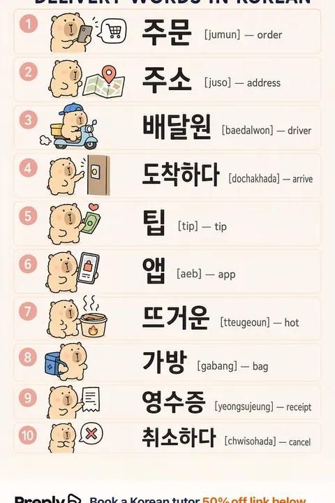 Delivery in Korean vocabulary chart