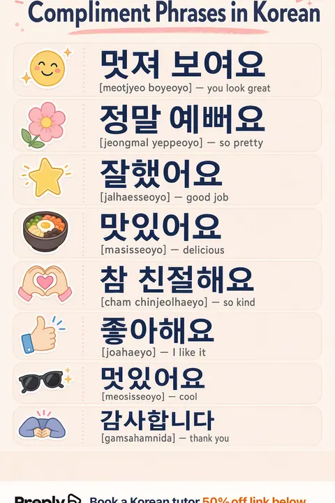 How to give a compliment in Korean vocabulary chart