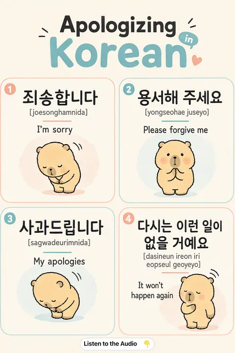 Apologizing in Korean vocabulary chart