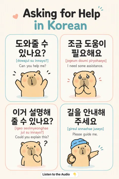 Asking For Help in Korean vocabulary chart