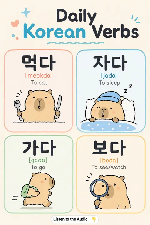 Daily Korean Verbs in Korean vocabulary chart