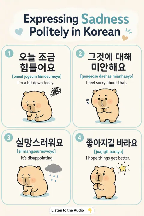 Expressing Sadness Politely in Korean vocabulary chart