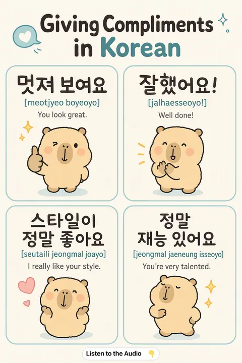Giving Compliments in Korean vocabulary chart