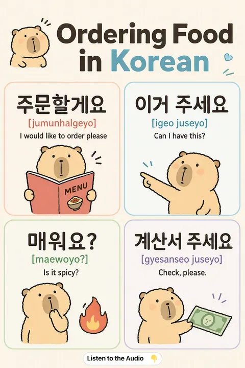 Ordering Food in Korean vocabulary chart