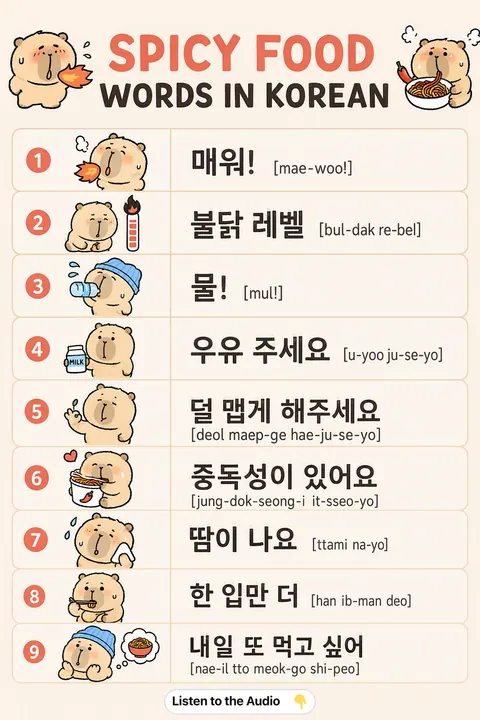 Spicy Food Words in Korean vocabulary chart