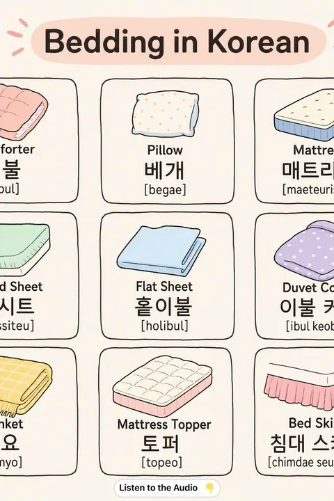Bedding in Korean vocabulary chart