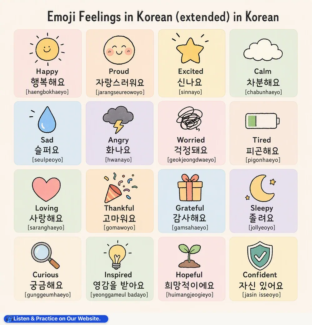 Emoji Feelings in Korean — vocabulary chart for English speakers