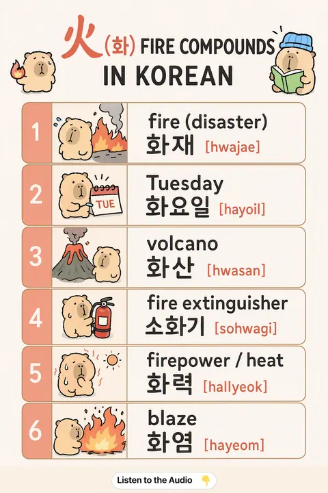 火 (화) Fire Compounds in Korean vocabulary chart