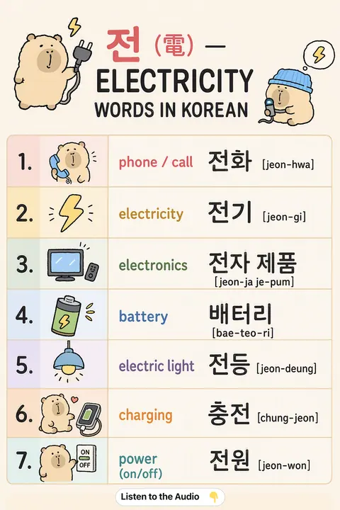 Hanja-jeon-electric in Korean vocabulary chart