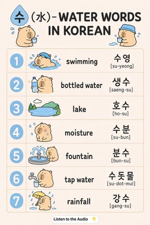 Hanja-su-water in Korean vocabulary chart