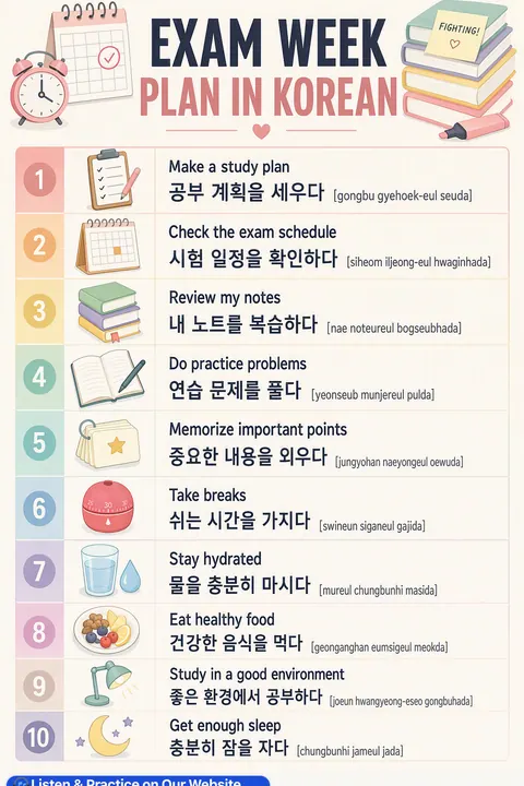 Exam Week Plan in Korean vocabulary chart