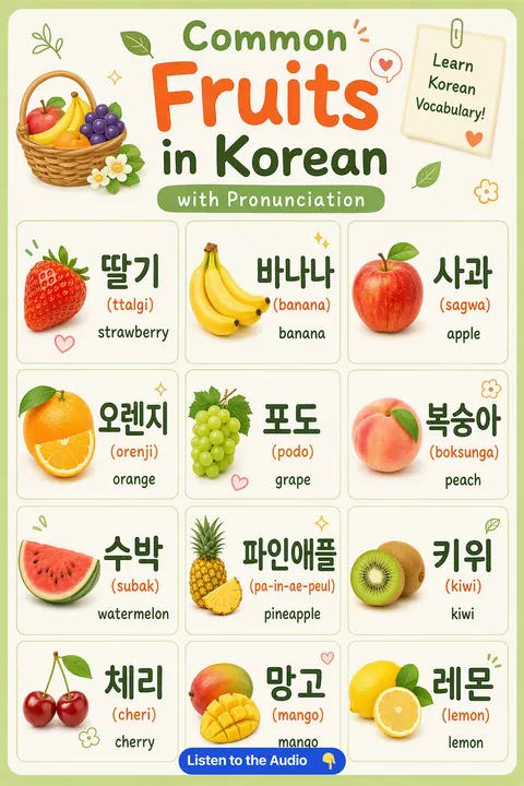 Common Fruits In Korean With Pronunciation in Korean vocabulary chart