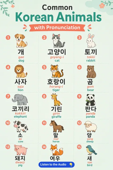 Common Korean Animals With Pronunciation in Korean vocabulary chart
